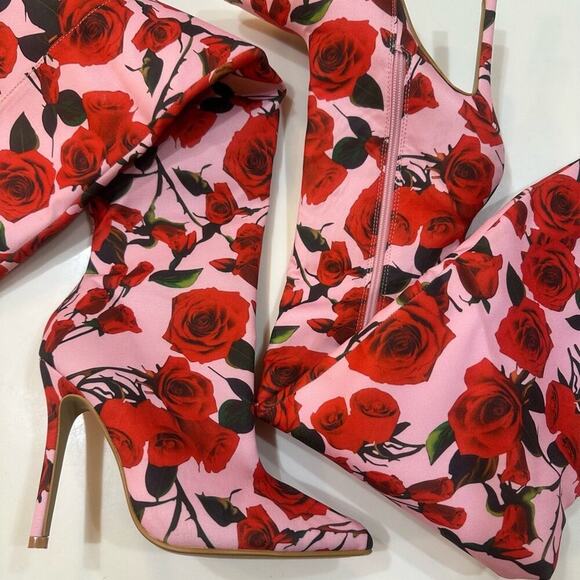 Thigh High Rose Print Boots. 4.5”L Heel. 9”W at the top. 5”W at ankle. Size 6 - Picture 2 of 7